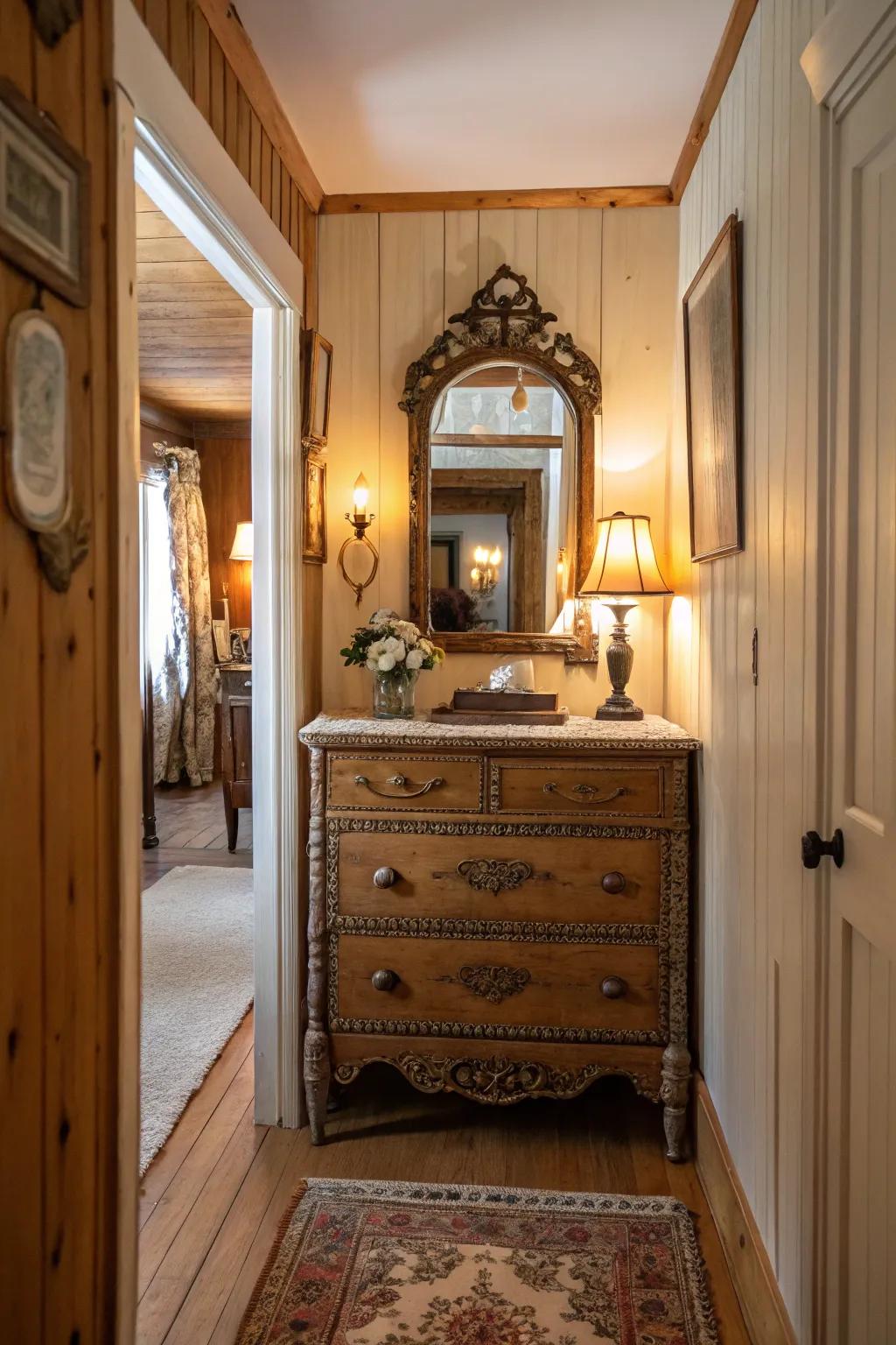 Vintage accents add character to this charming cottage hallway.