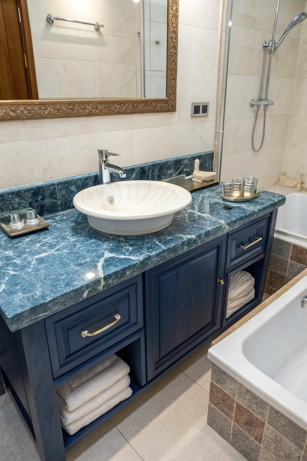 Blue stone worktops introduce elegance and inherent allure to the bathroom.