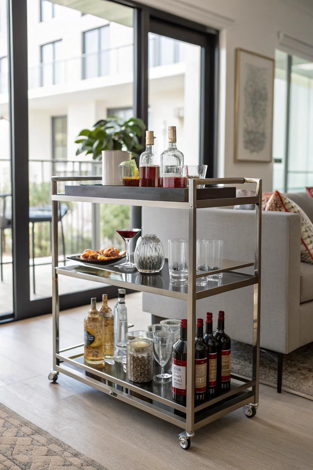 A stylish rolling bar cart for flexibility.