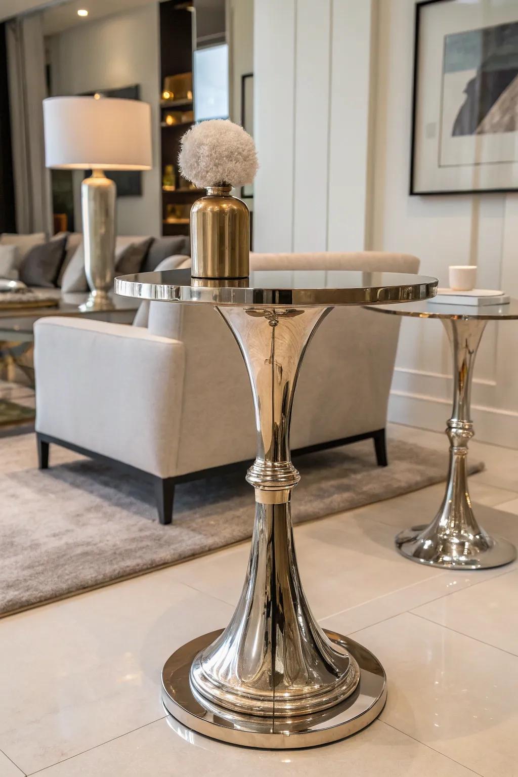 Metallic end table imparts a modern edge to any room.