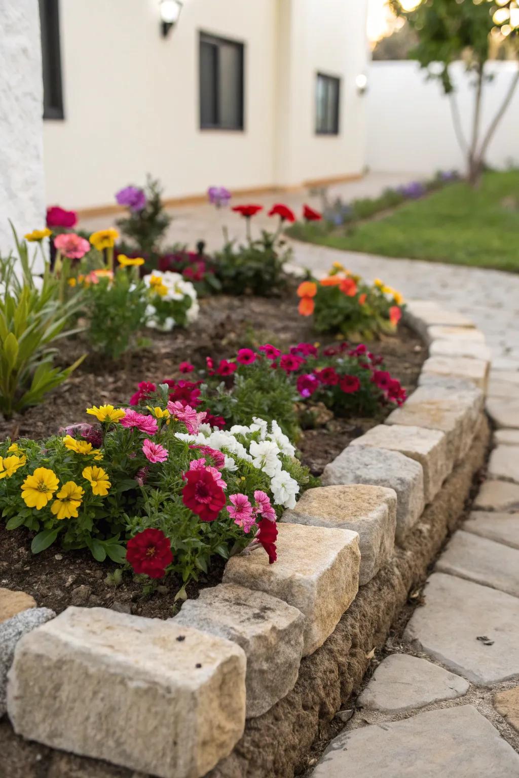 A neat compact flower garden with clearly defined stone borders and vibrant flowers.