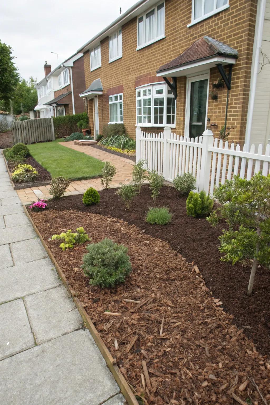 A pristine front garden featuring ground cover blanketing plant beds for simple upkeep.
