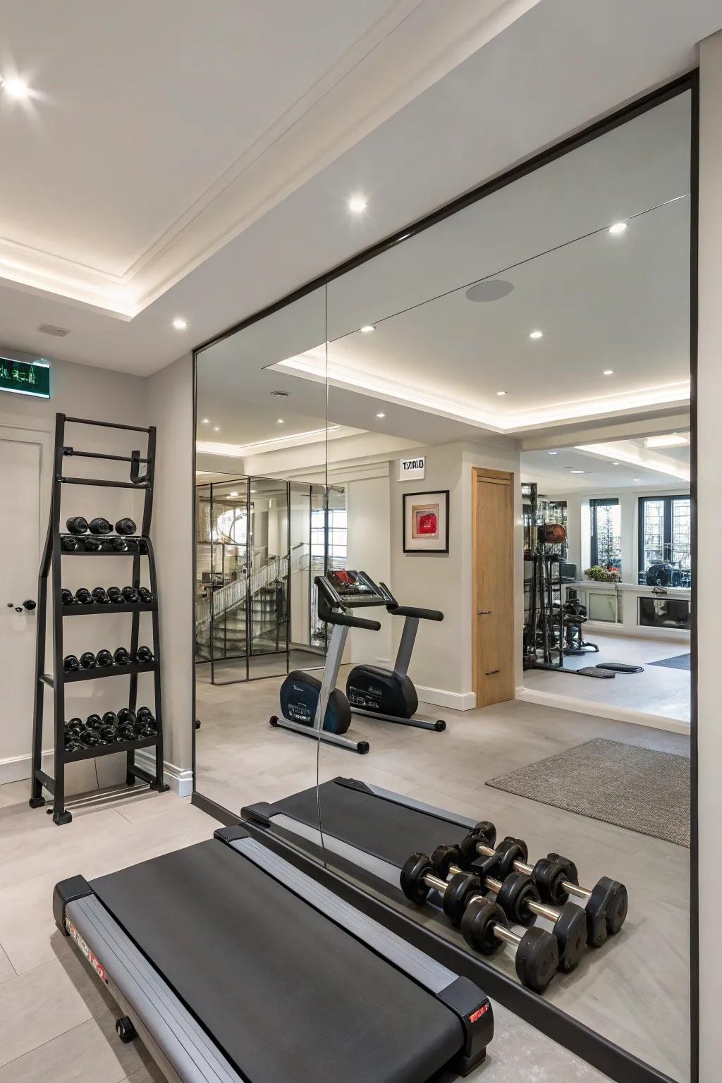 Mirrors improve both the aesthetics and practicality of a small home gym.