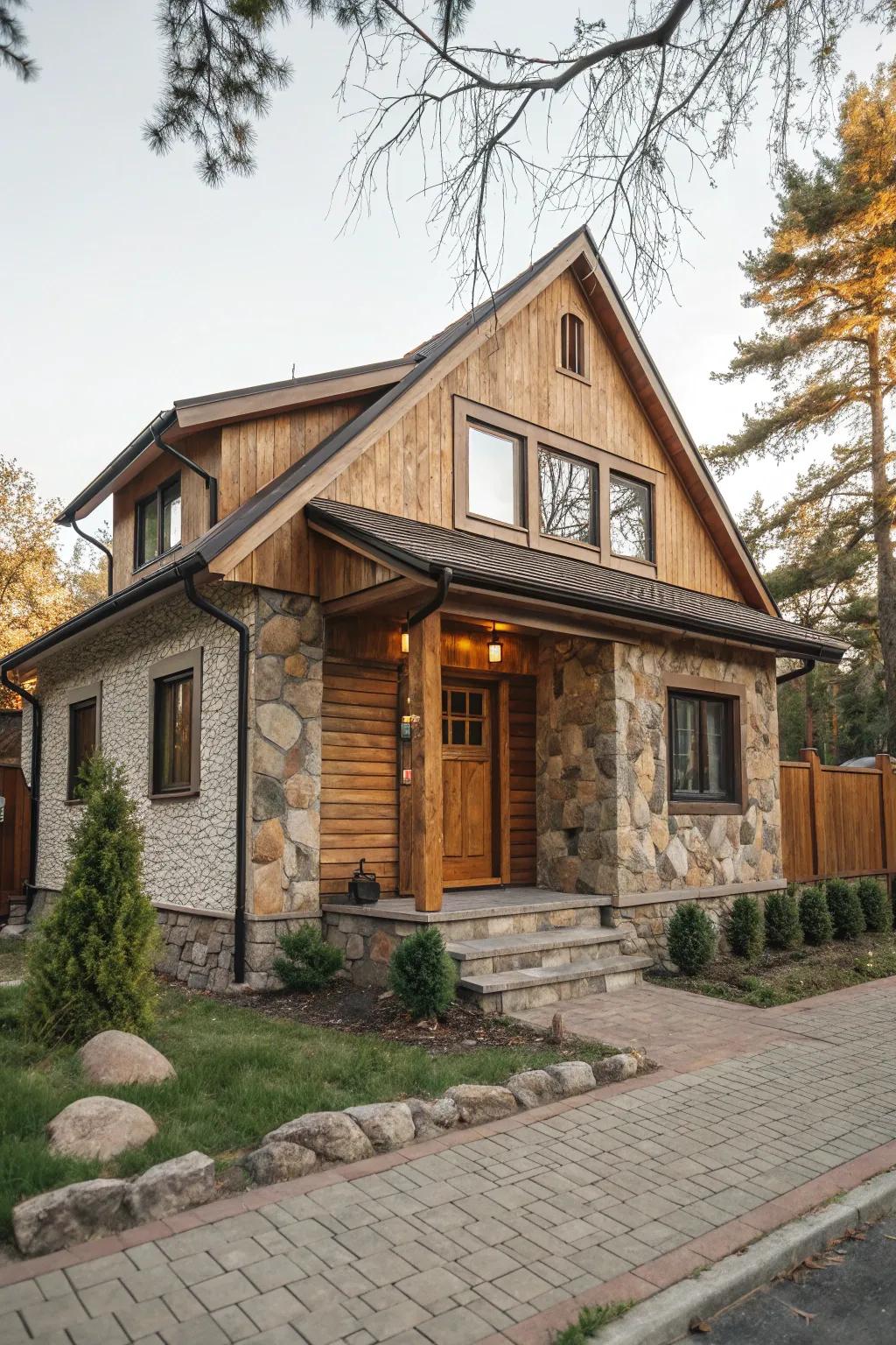 Textured materials such as wood and stone amplify depth to your exterior.