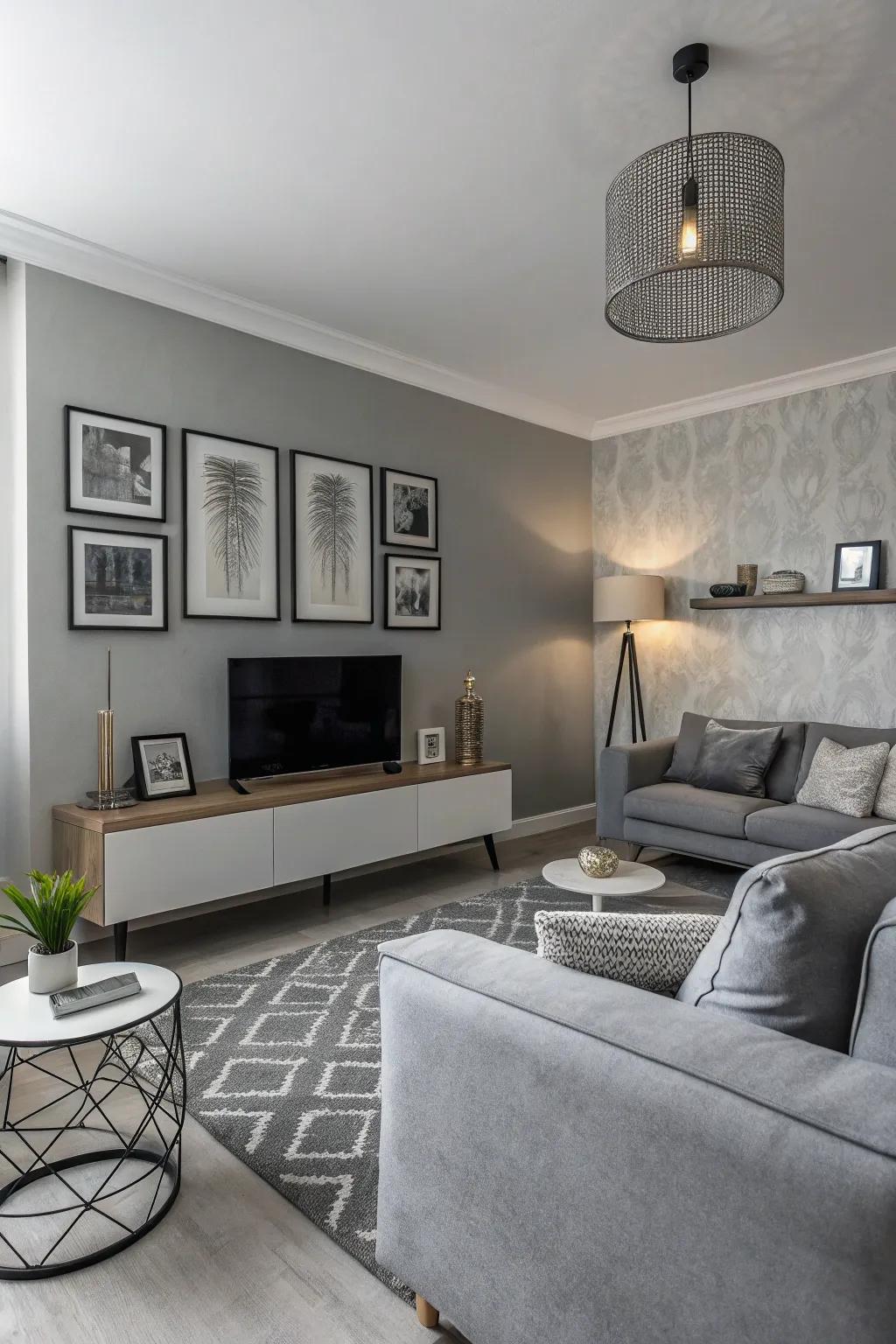 A compact living area featuring a monochrome palette for a polished design.