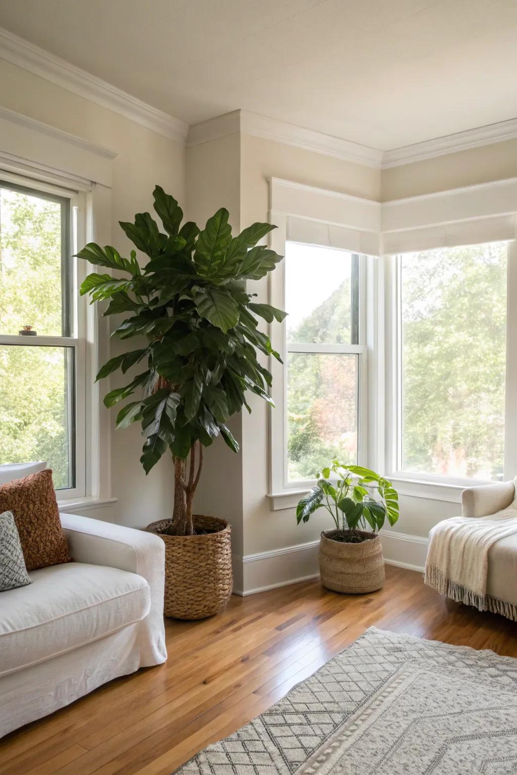 Plants breathe vitality and freshness into the setting.