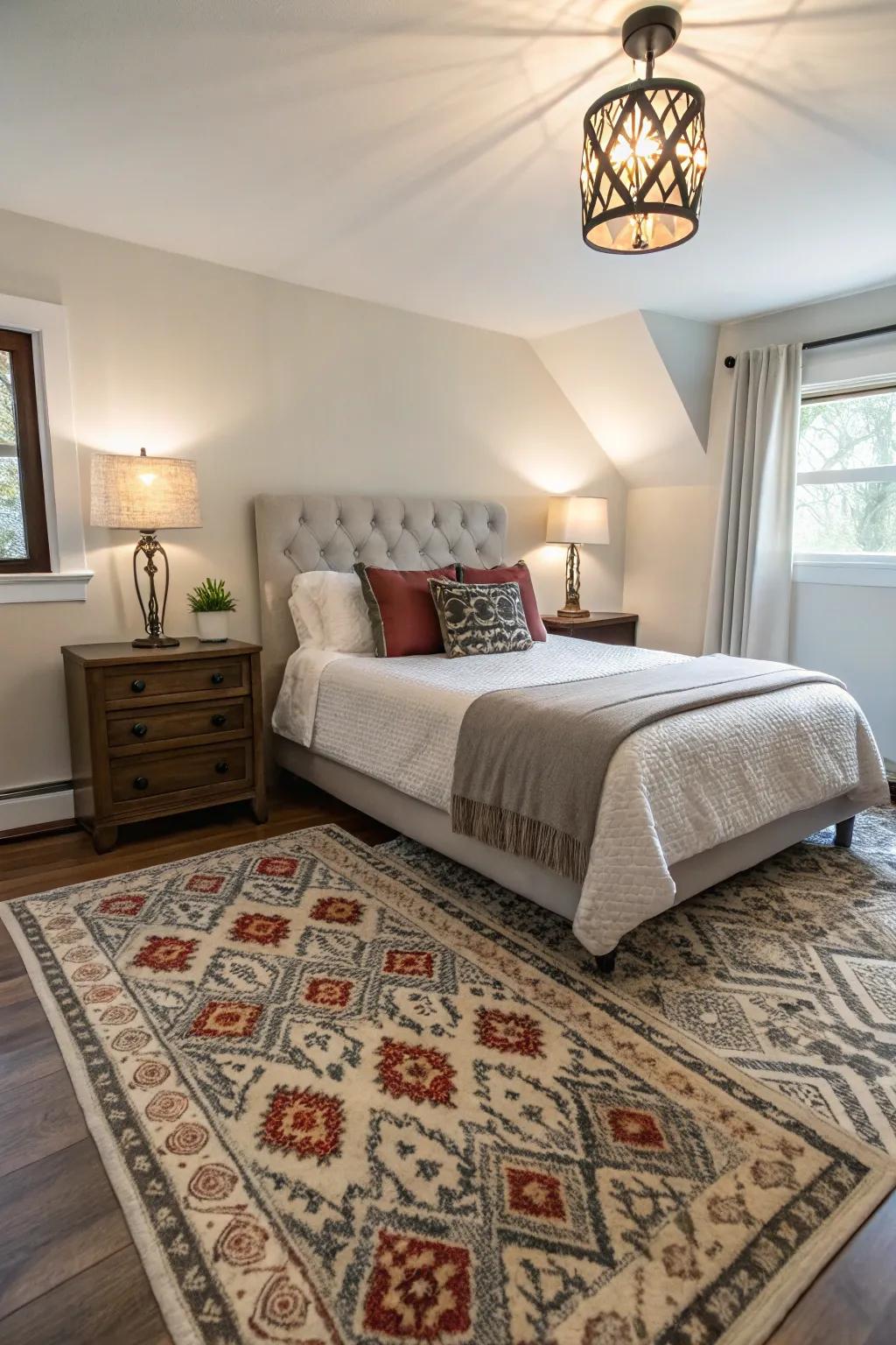 Carefully selected accent pieces infuse character into a compact master bedroom.