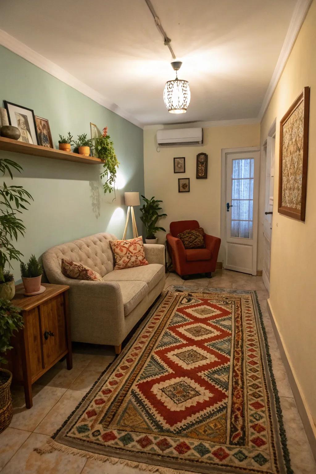 Rugs contribute warmth and define zones in your living room.
