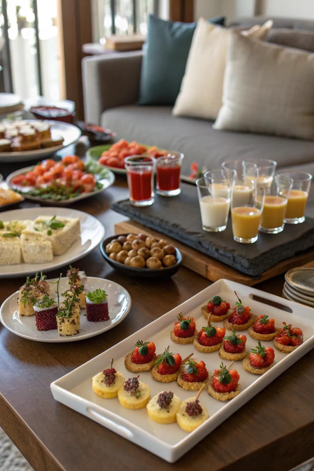 A miniature tasting event showcasing various petite plates and beverages.