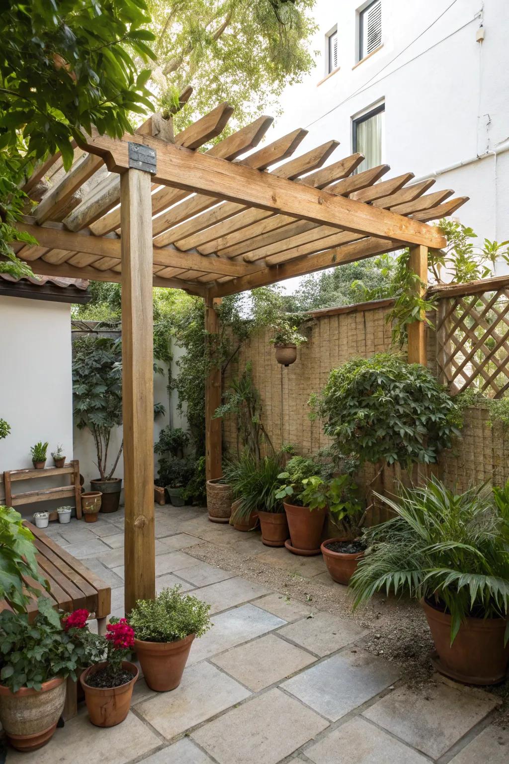 Natural timber features infuse warmth and sophistication into a small framework.