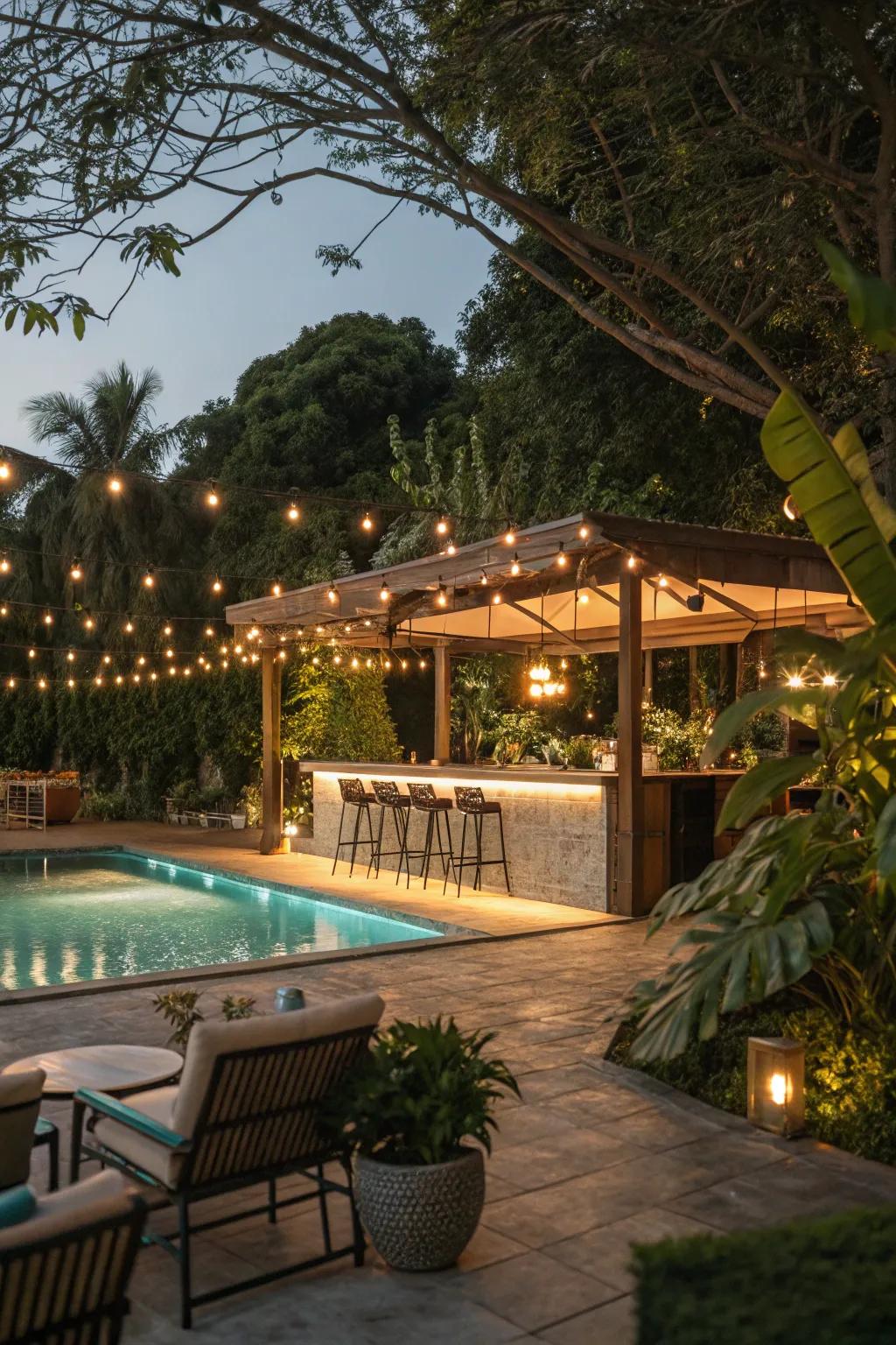 Ambient lighting turns your pool bar into an enchanting evening escape.