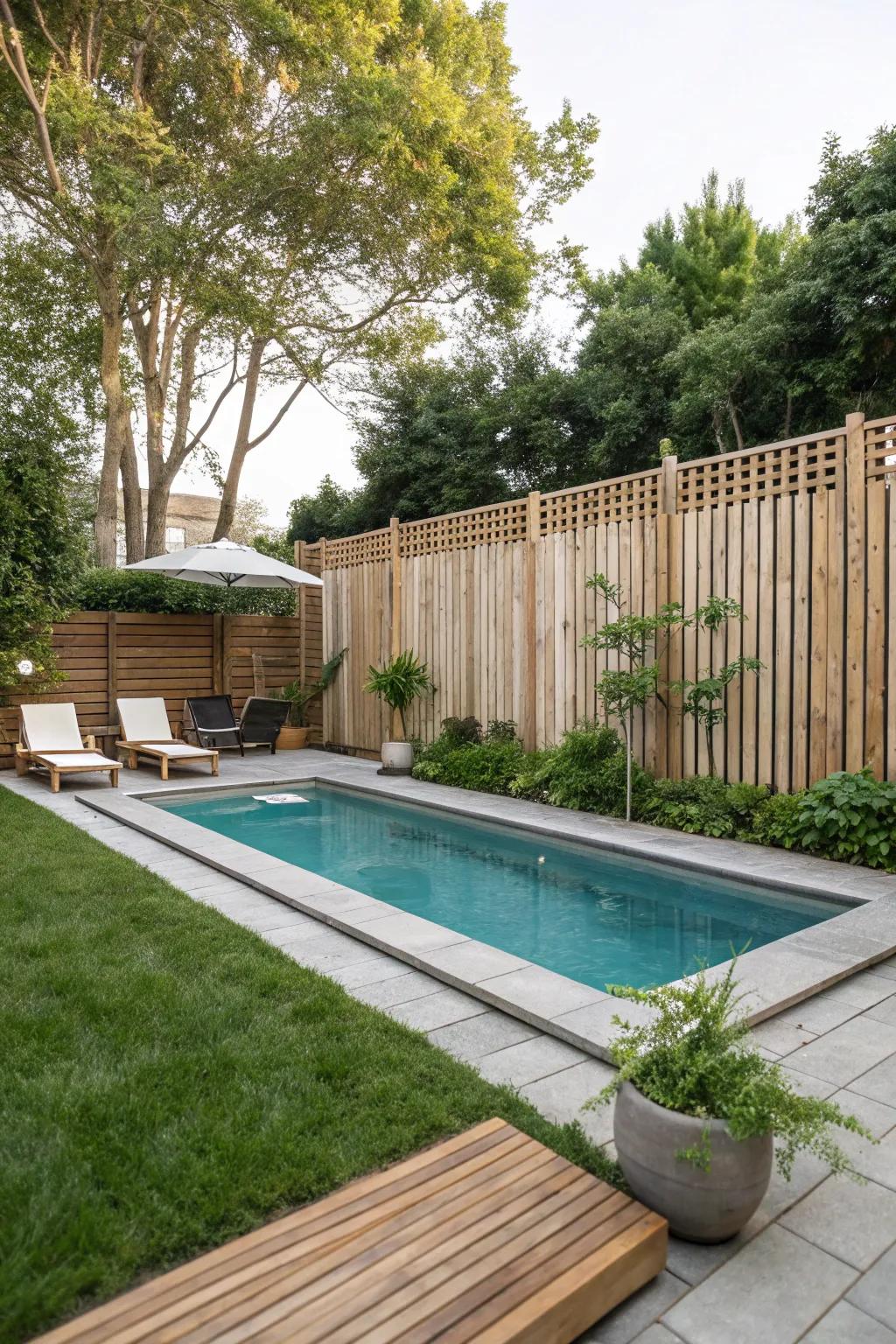 A timber privacy enclosure establishes a remote and intimate pool setting.