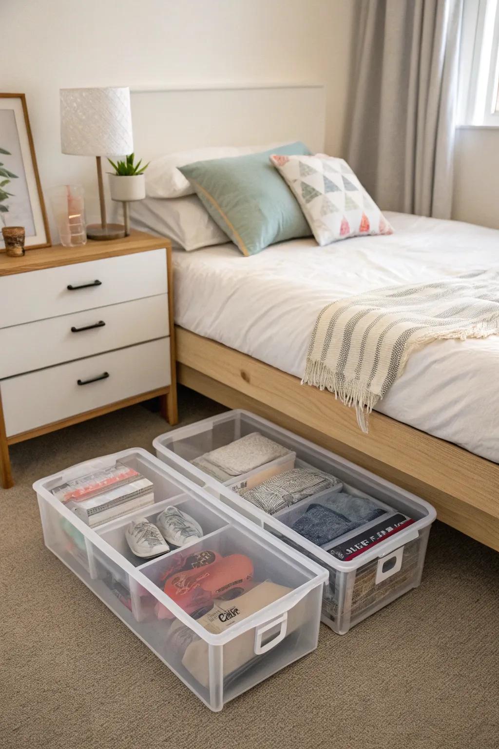 Under-bed storage boxes keep items neatly out of sight.