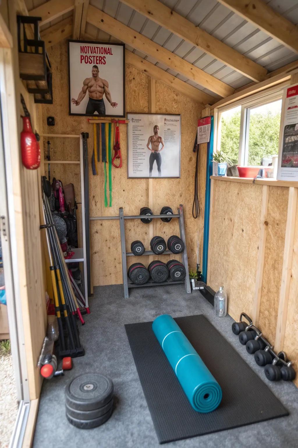 A compact workout station setup within a small shed.