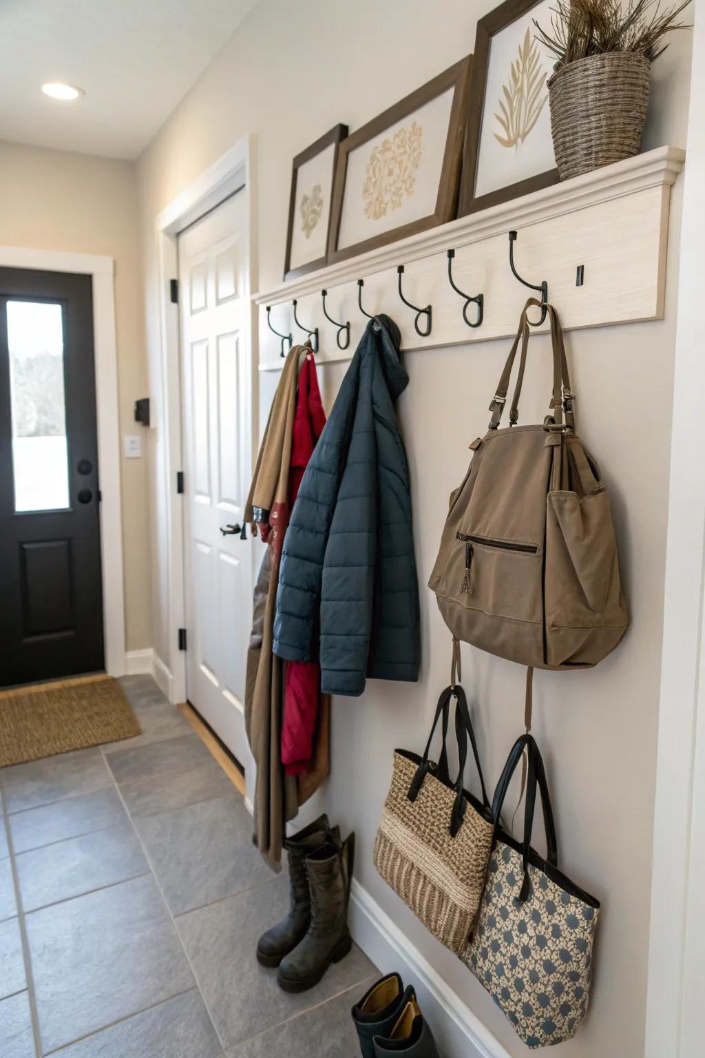 Wall-affixed hooks provide handy storage solutions.