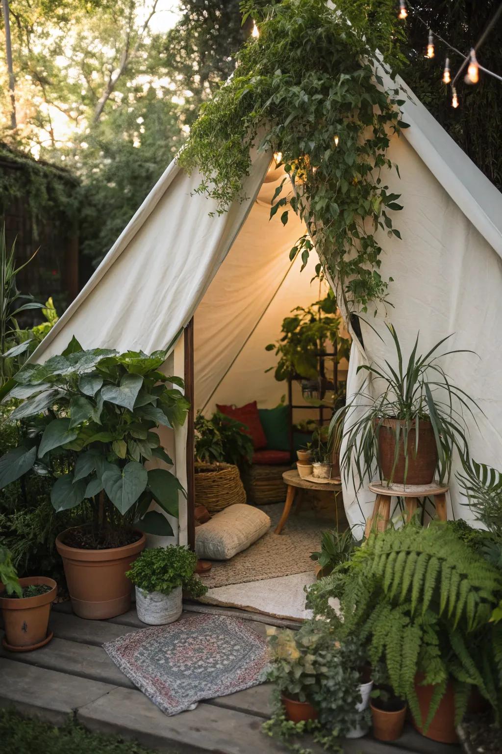 A tent enlivened with natural greenery.