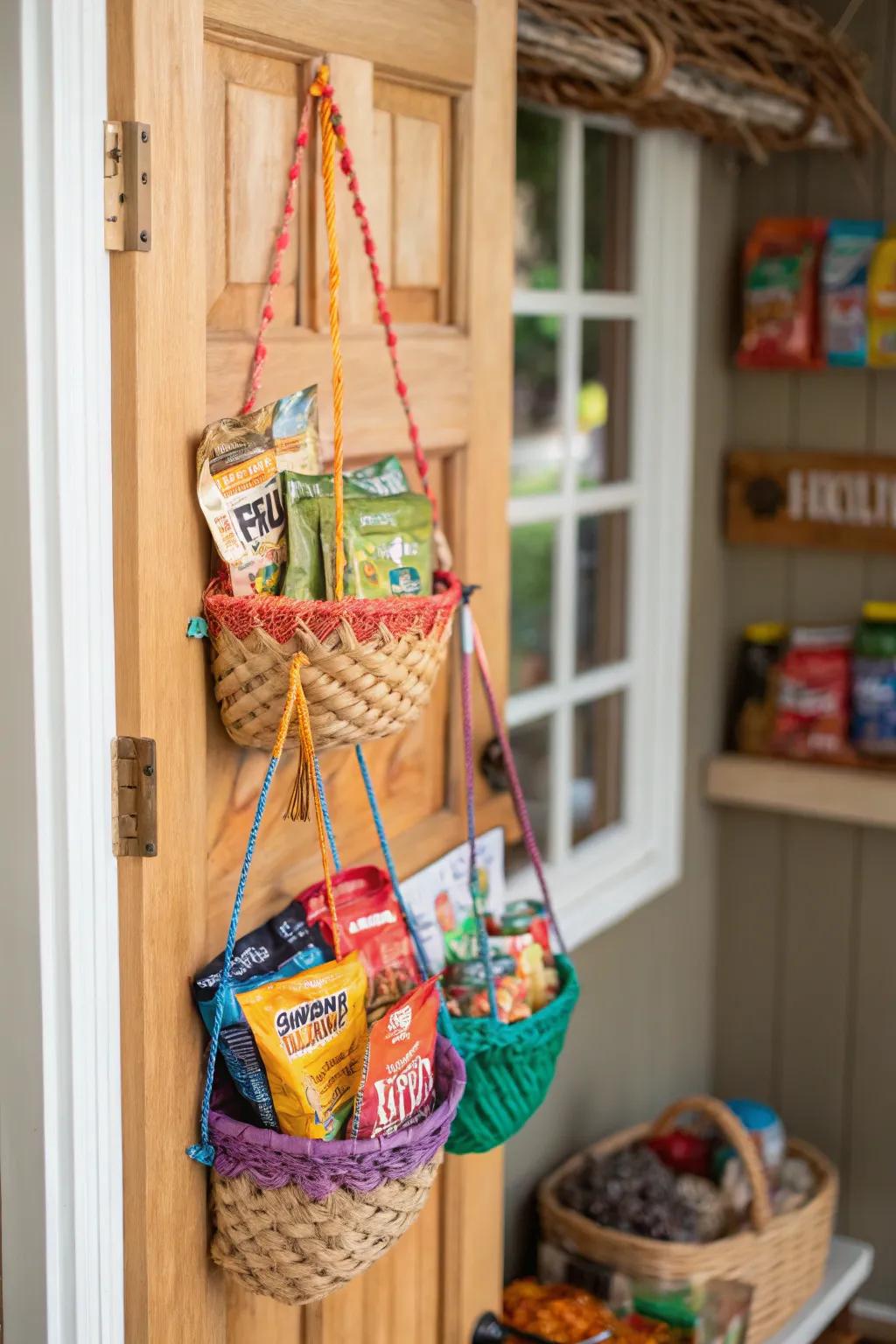 Hanging baskets provide easy access and save space.