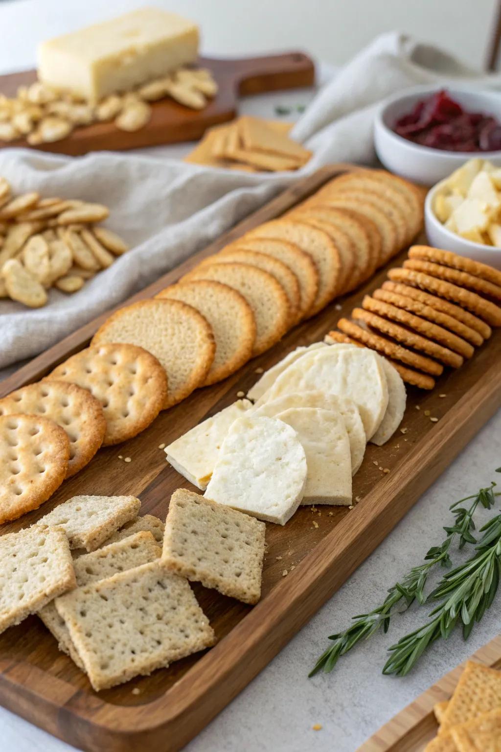 A variety of crackers and bread to suit every topping.