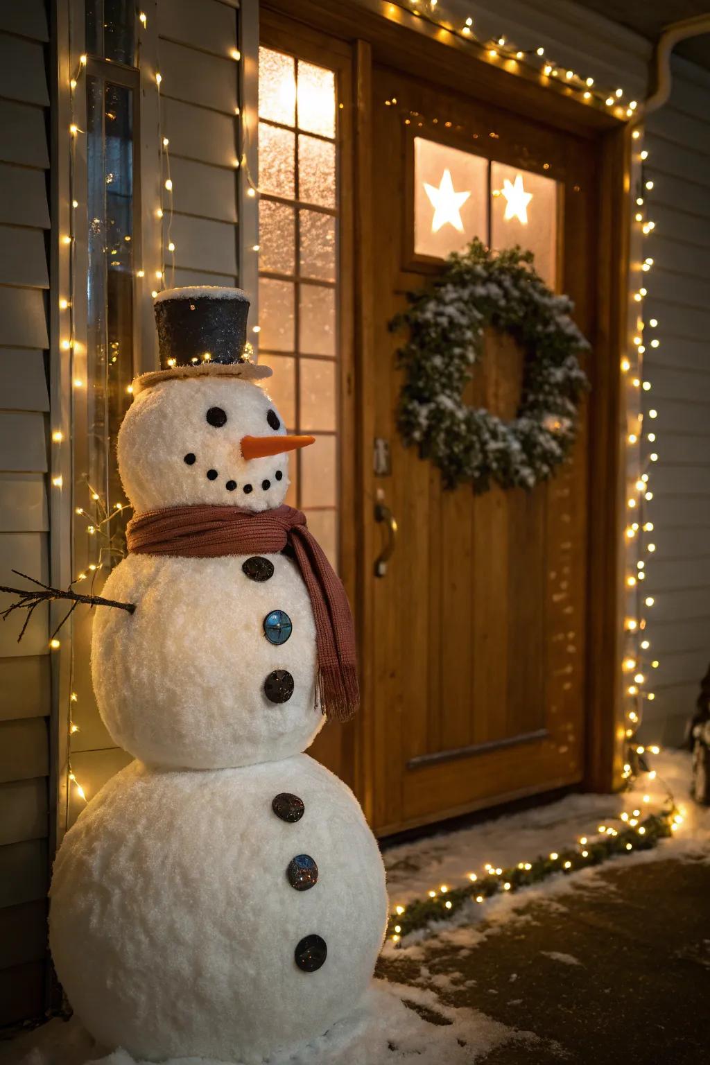 Radiant lights animate your snowman with a festive shine.