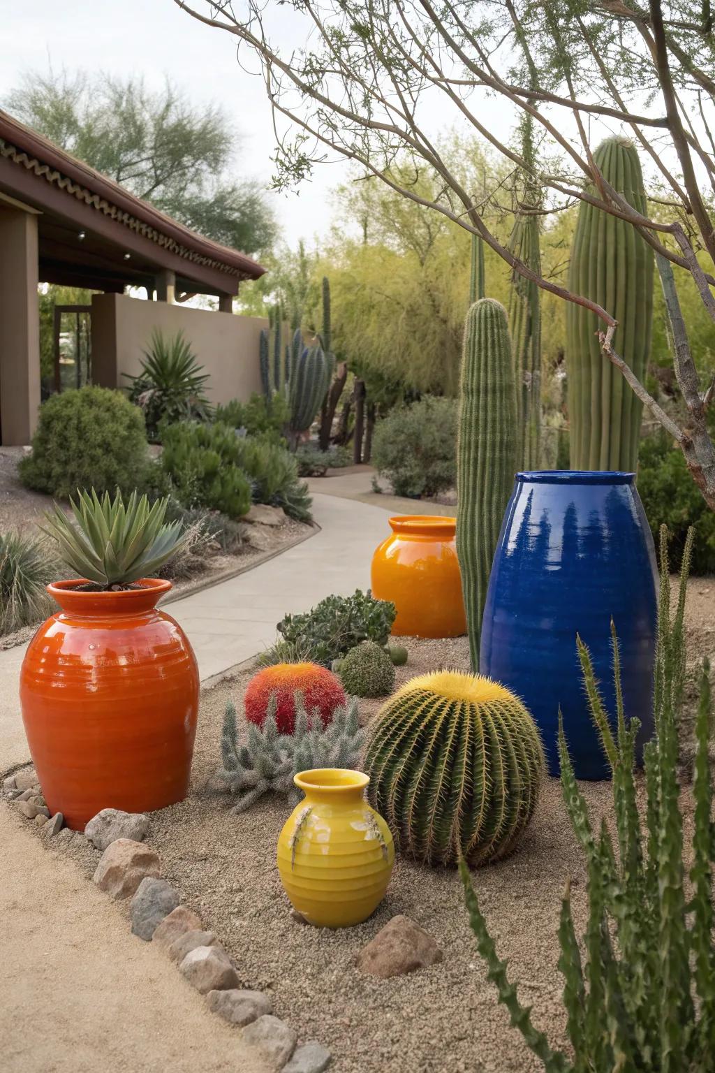 Artistic pottery adding vibrant focal points to the garden.