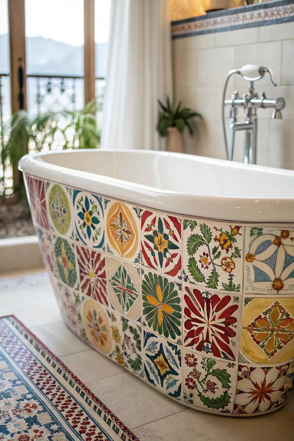 A detached tub gives a luxurious touch into a Spanish setting.