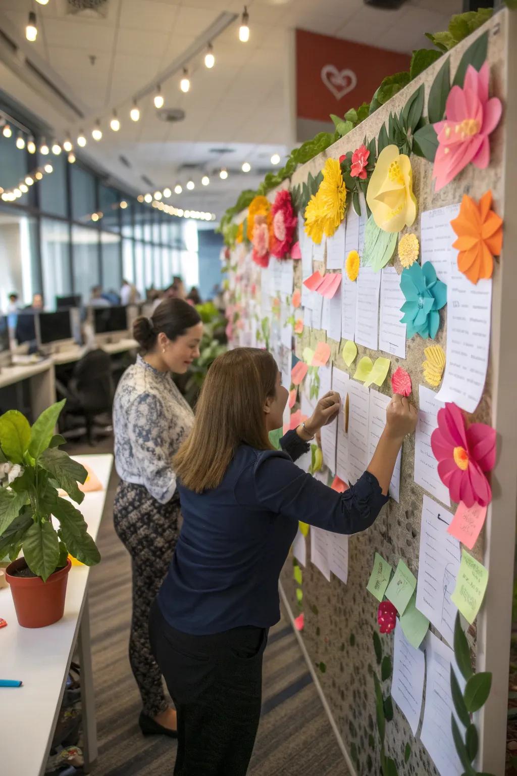 An interactive office mood board adorned with paper flowers symbolizing team goals.