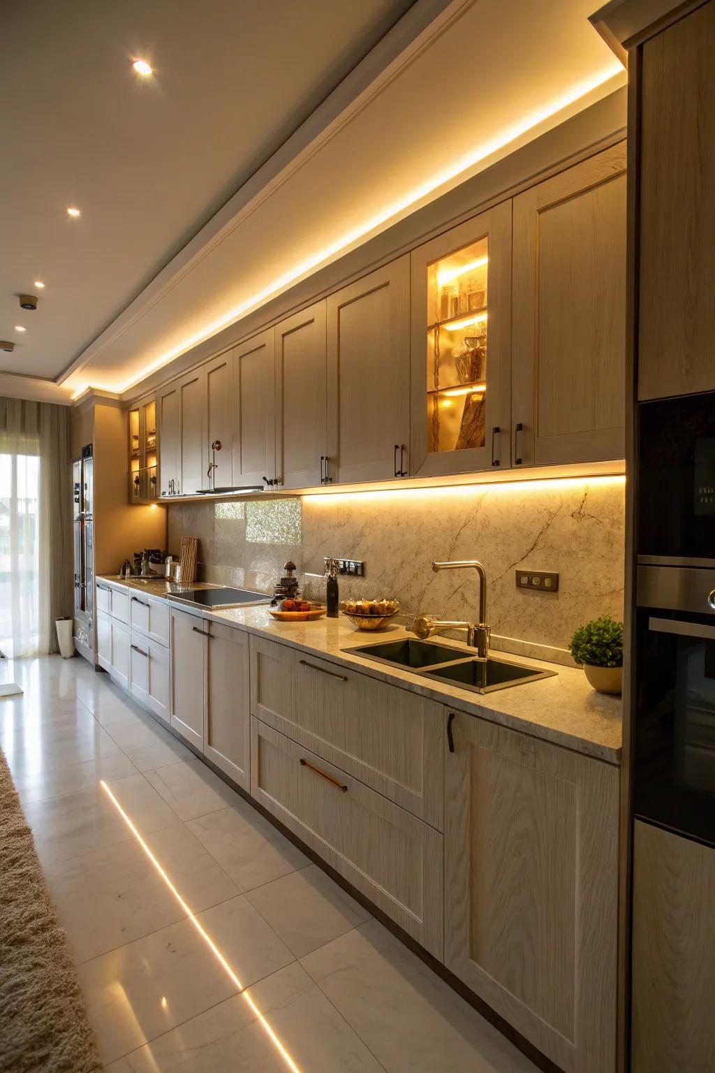 Integrated lighting imbues warmth and sophistication into your kitchen space.