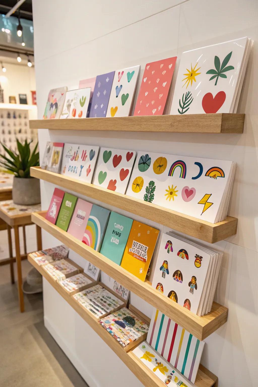Use floating shelves to enhance your sticker display.