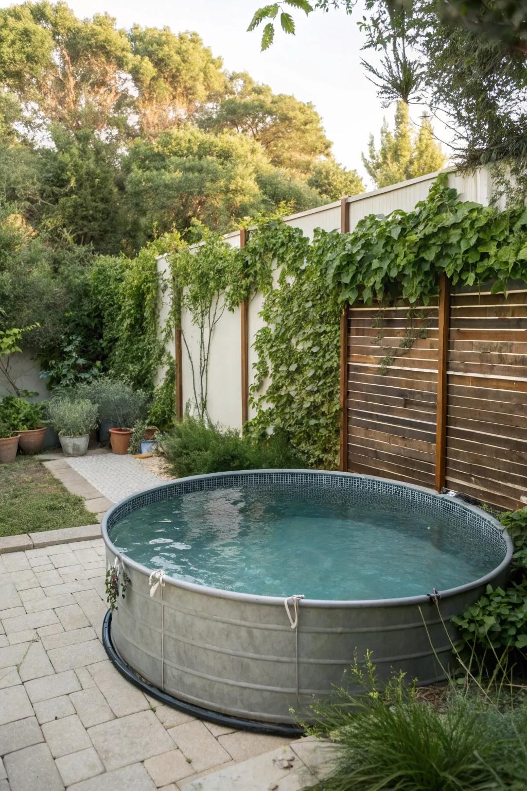 A secluded panel integrated with flora enhances the intimacy surrounding a water trough pool.