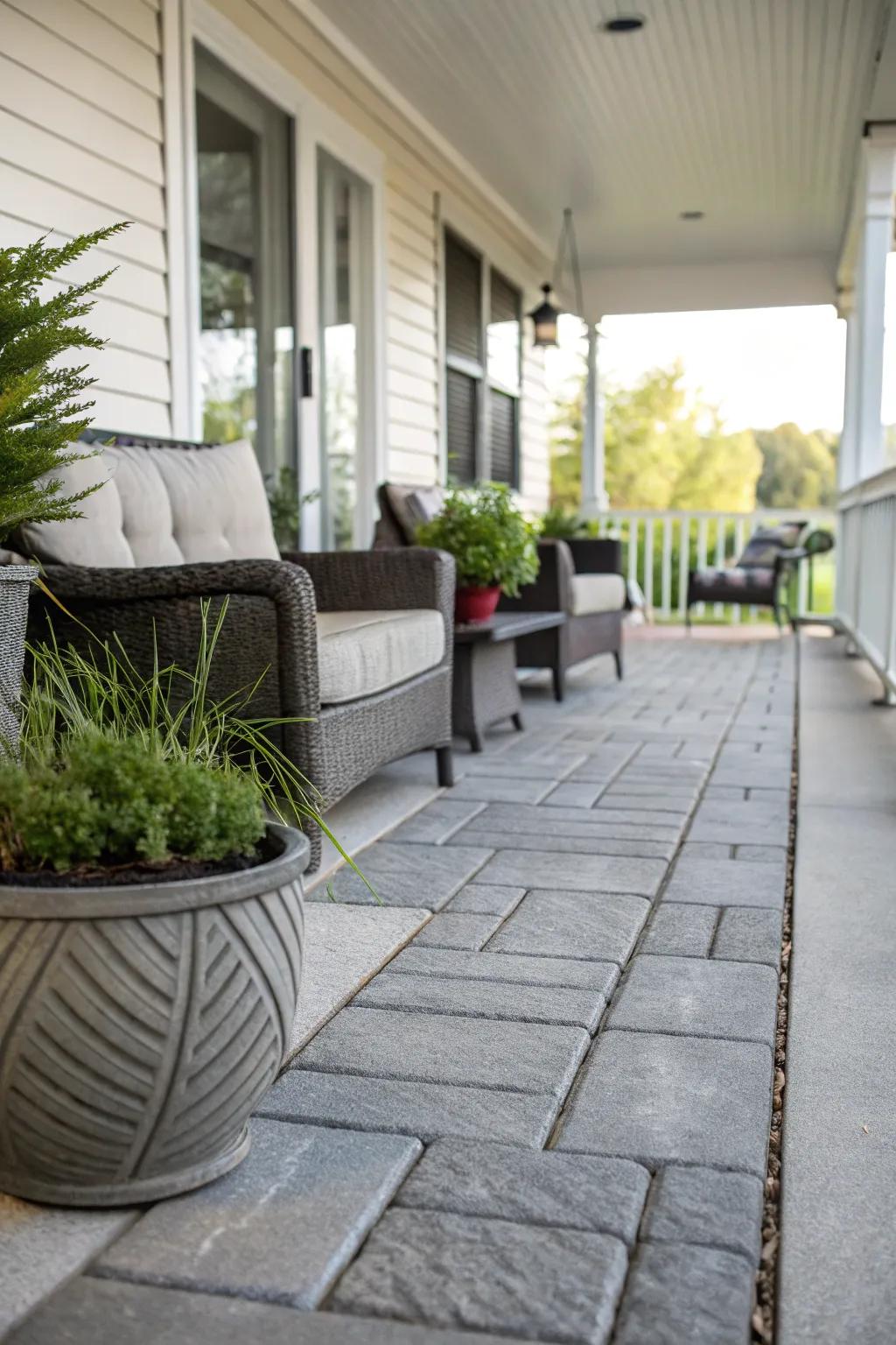 Shaped paving slabs create a modern, industrial look.