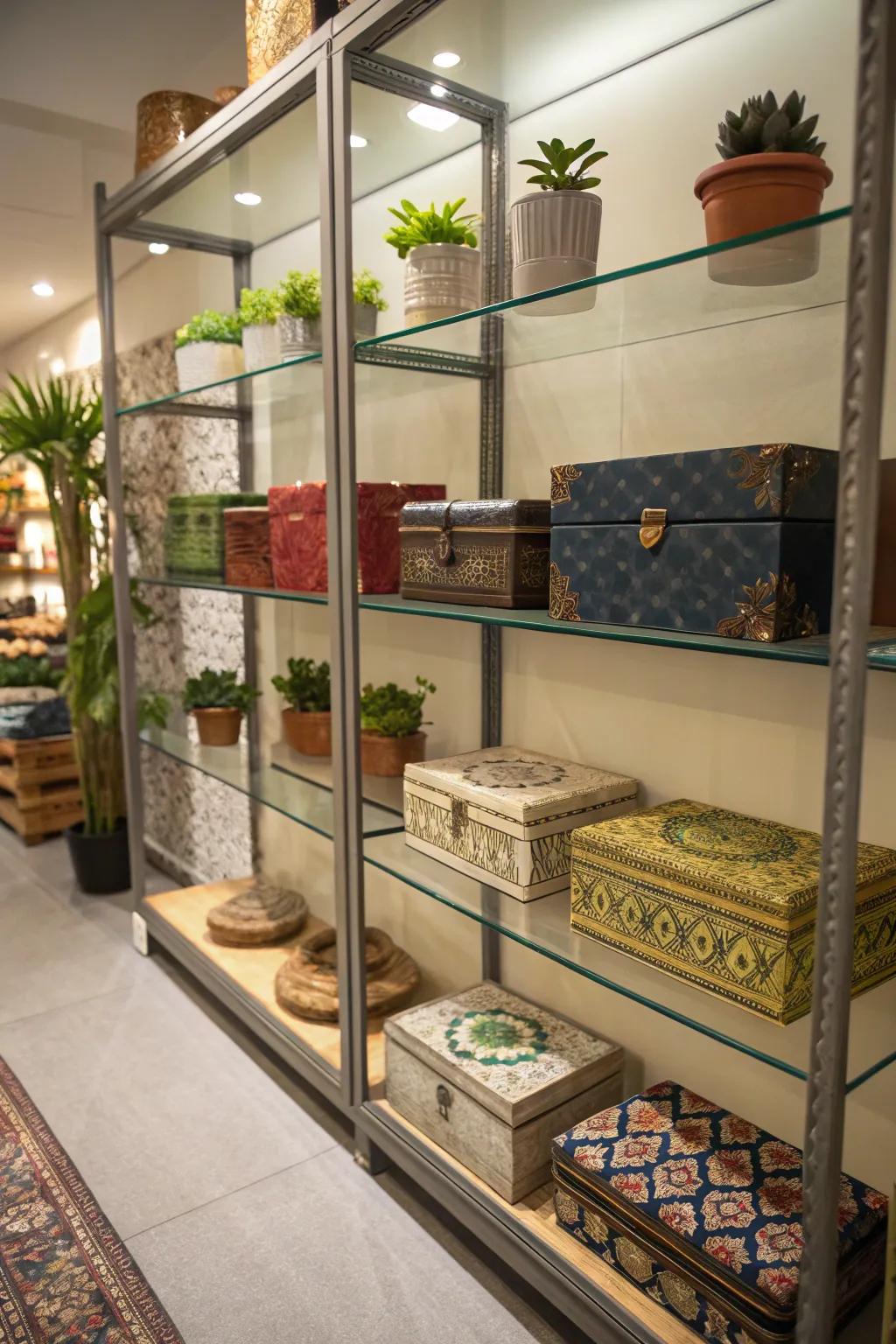 Add a stylish touch to your storage solutions with glass shelving.