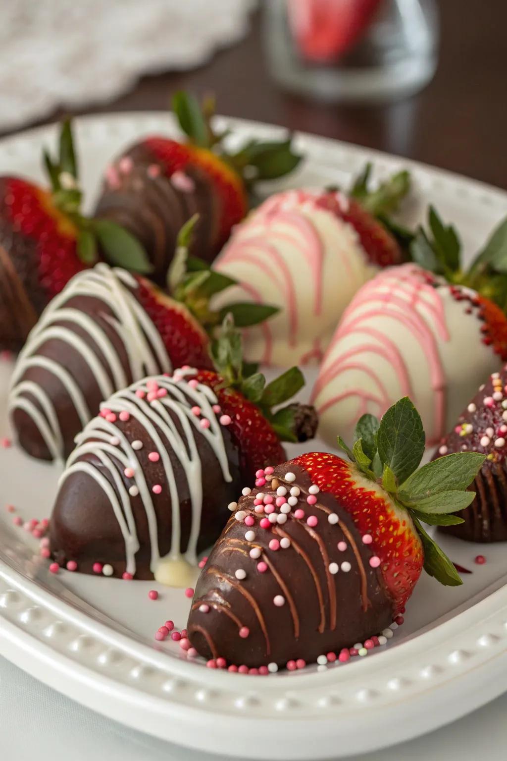 Extravagant chocolate-covered strawberries showcasing innovative embellishments.