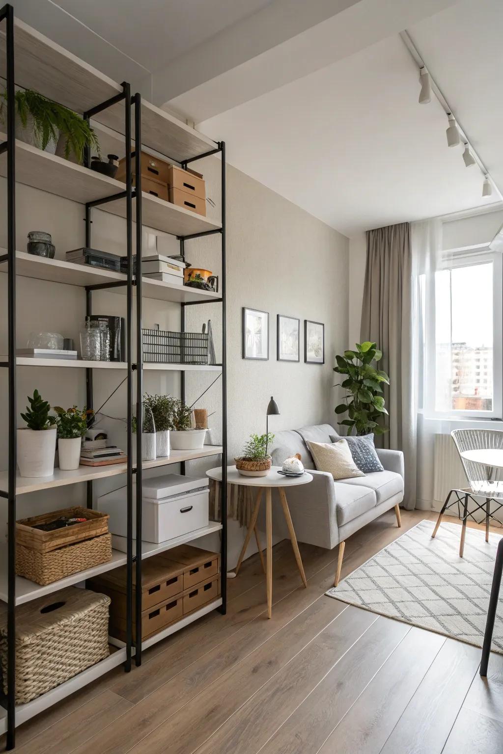 Vertical storage amplifies room in a studio apartment.