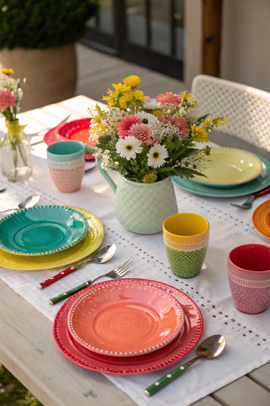 A playful yet refined summer table setting that showcases colorful tableware.