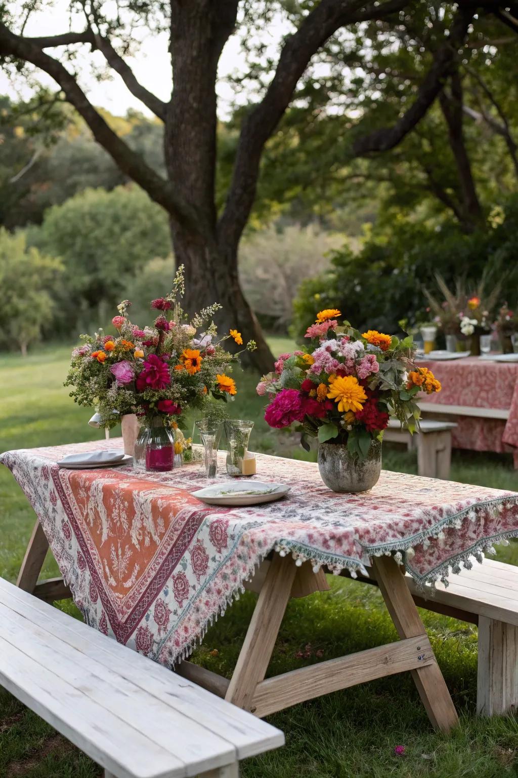 A gracefully set picnic table with charming botanical decor