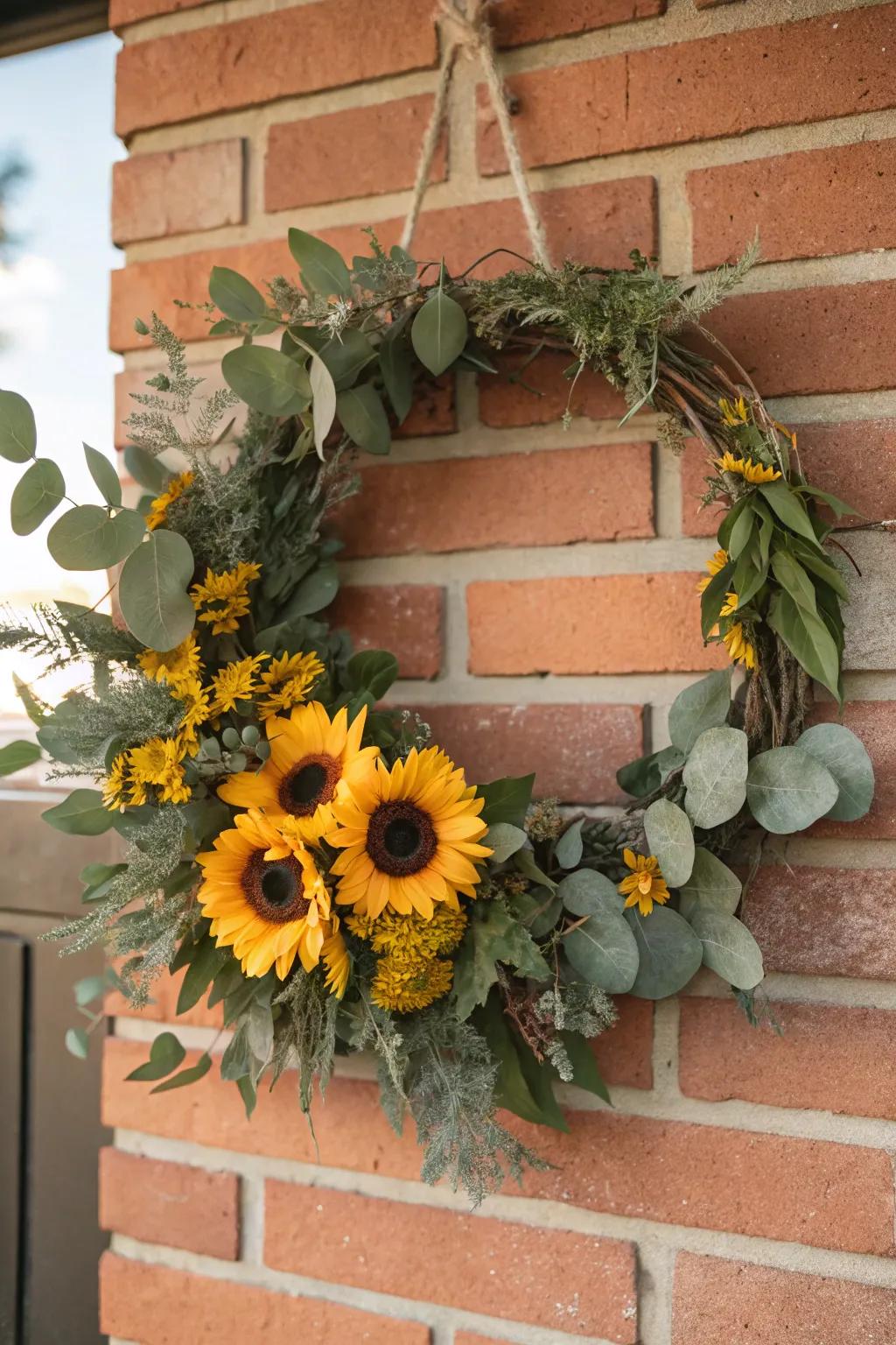 Contemporary sophistication shines in sunflowers and eucalyptus.