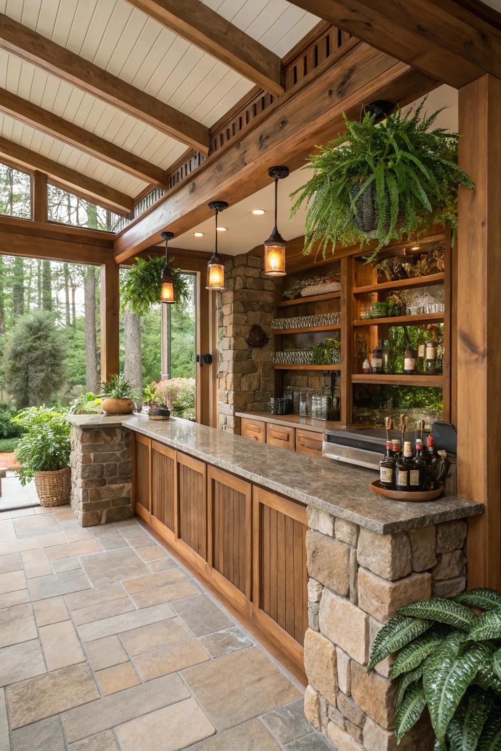 Earthy materials provide warmth and an organic feeling to your sunroom bar.