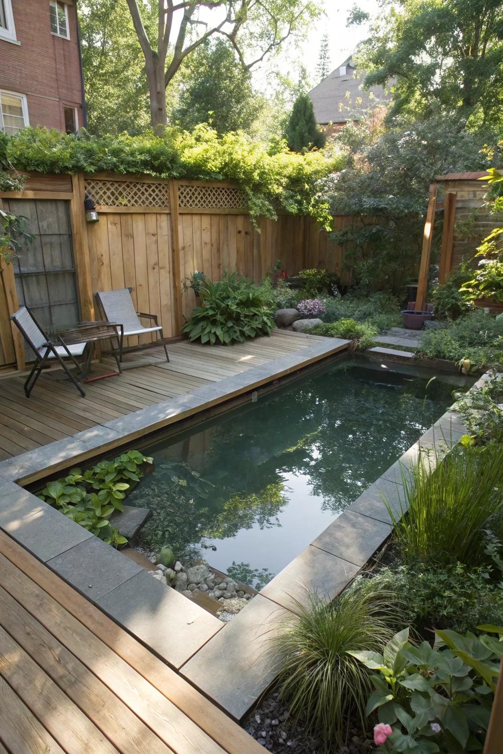 A small swimming pond perfectly fits into a compact backyard.