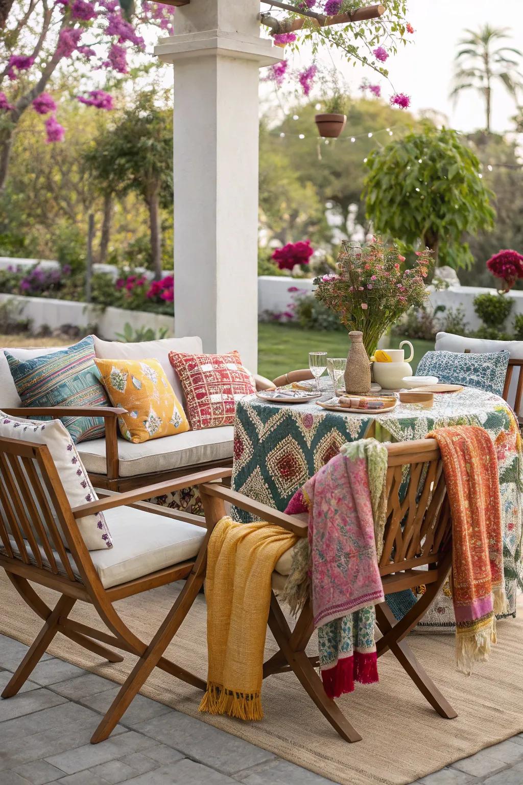 Cushions and throws provide comfort and style to outdoor seating areas.