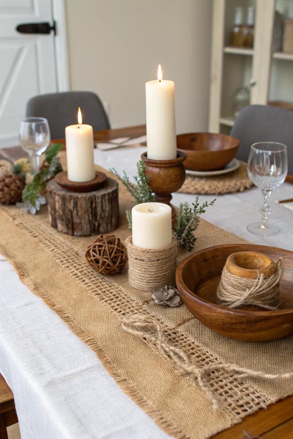 Hessian adornments bring earthy appeal to any dining table.