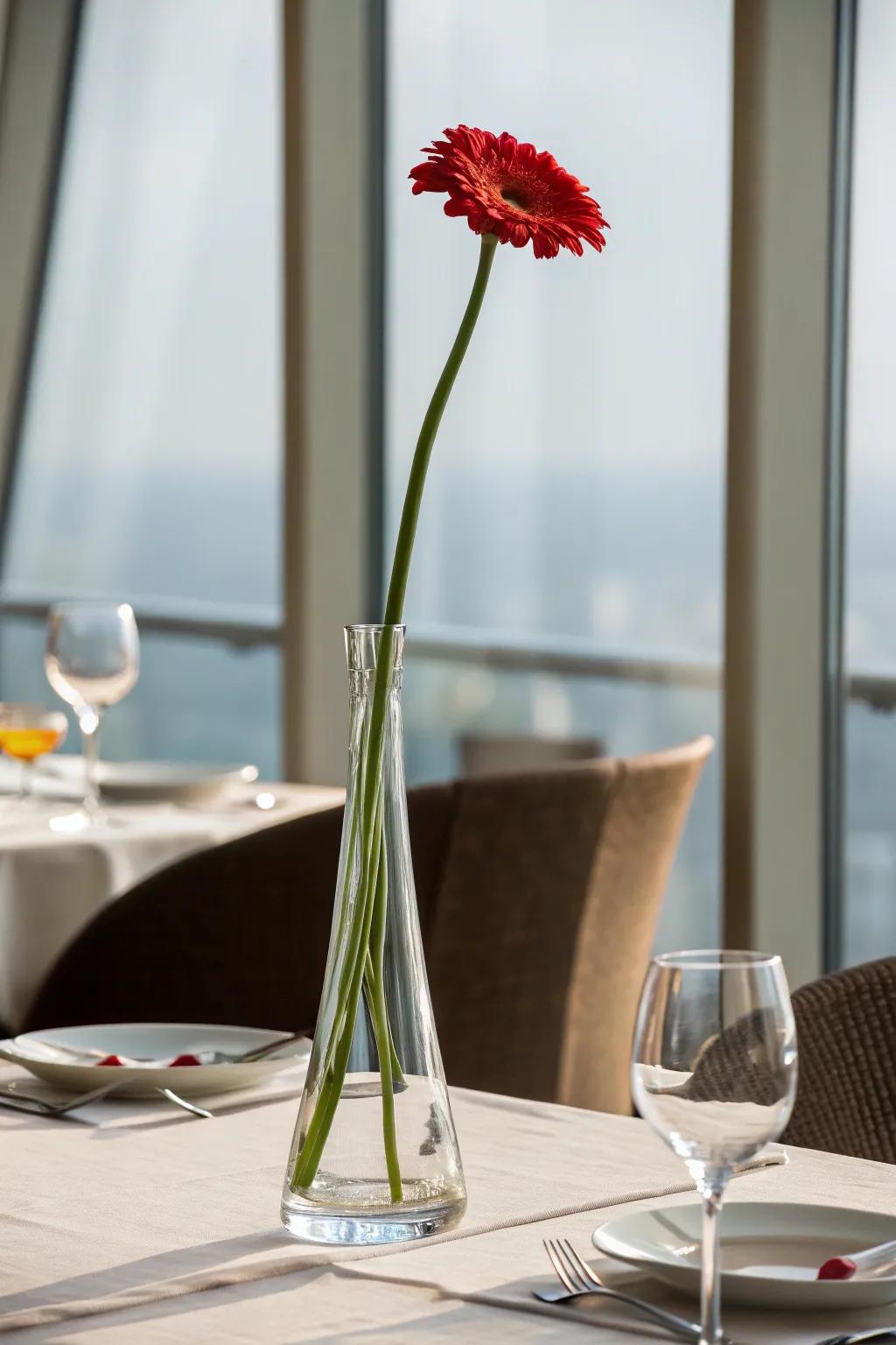 A tall glass vase showcasing a dramatic red bloom, acting as an impressive centerpiece.