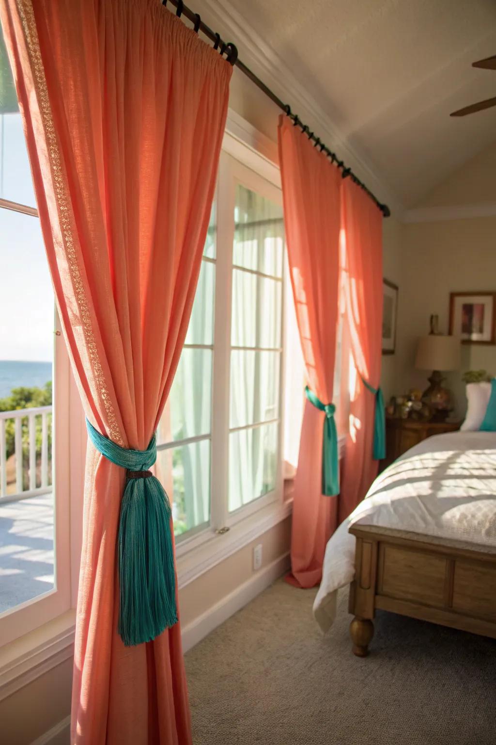 Sunset-orange curtains and sea-green ribbons form a striking contrast.