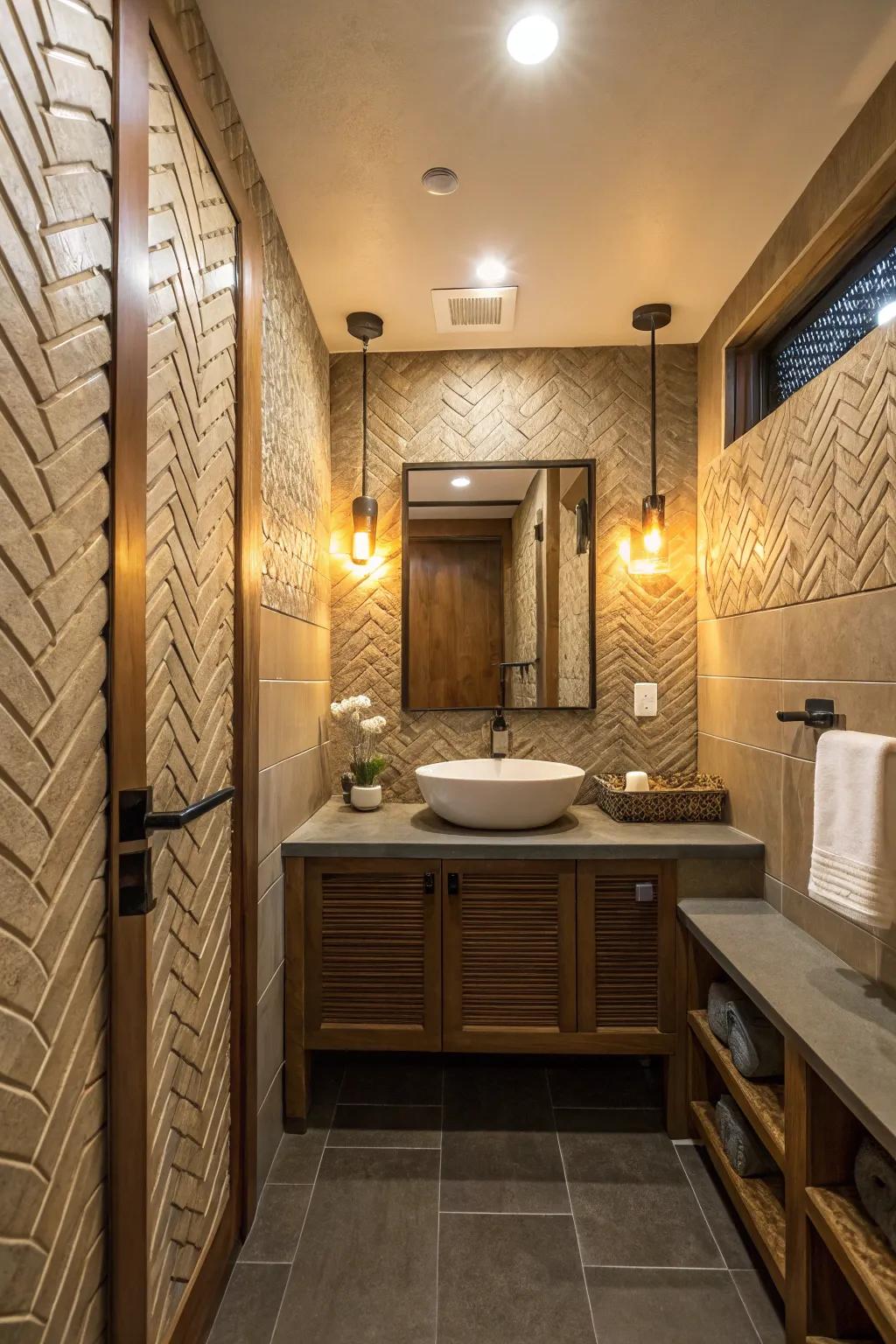 Textured surfaces add depth and visual interest to a bathroom.