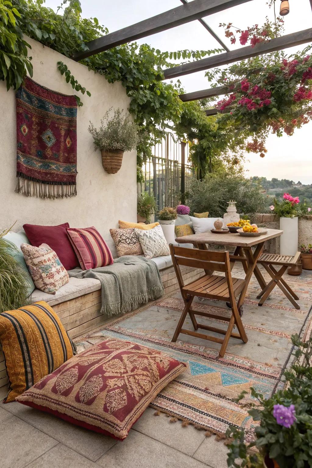 Textiles append warmth and comfort to a terrace.