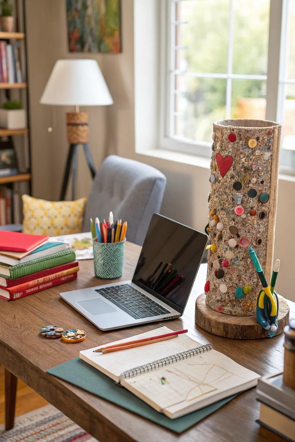 An innovative piece of textured art demonstrates the imaginative application of regular household products.