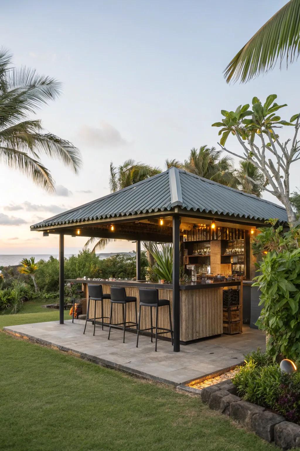 Wavy metal contributes a contemporary edge to your tiki bar.