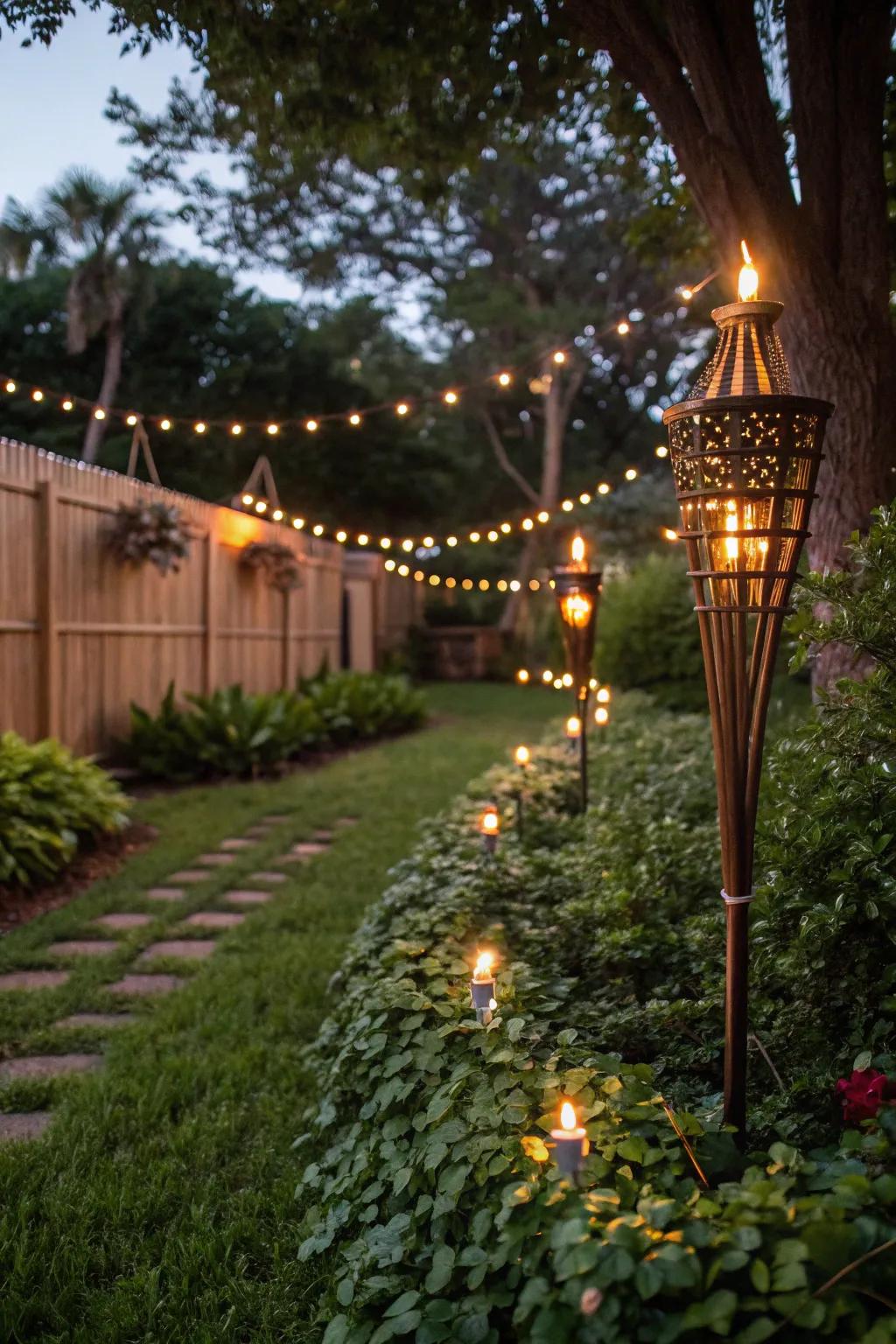 Cultivate a romantic garden setting using flame posts and lighting.