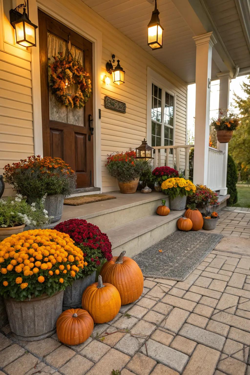 Seasonal decor imparts a vibrant touch to this beautifully tiled porch.