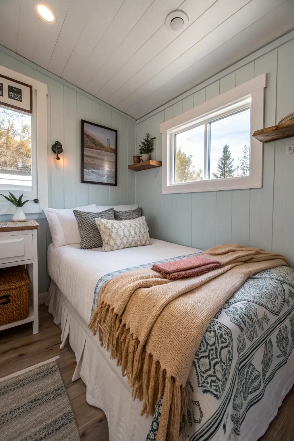 Soft materials adding warmth to a simple tiny bedroom.