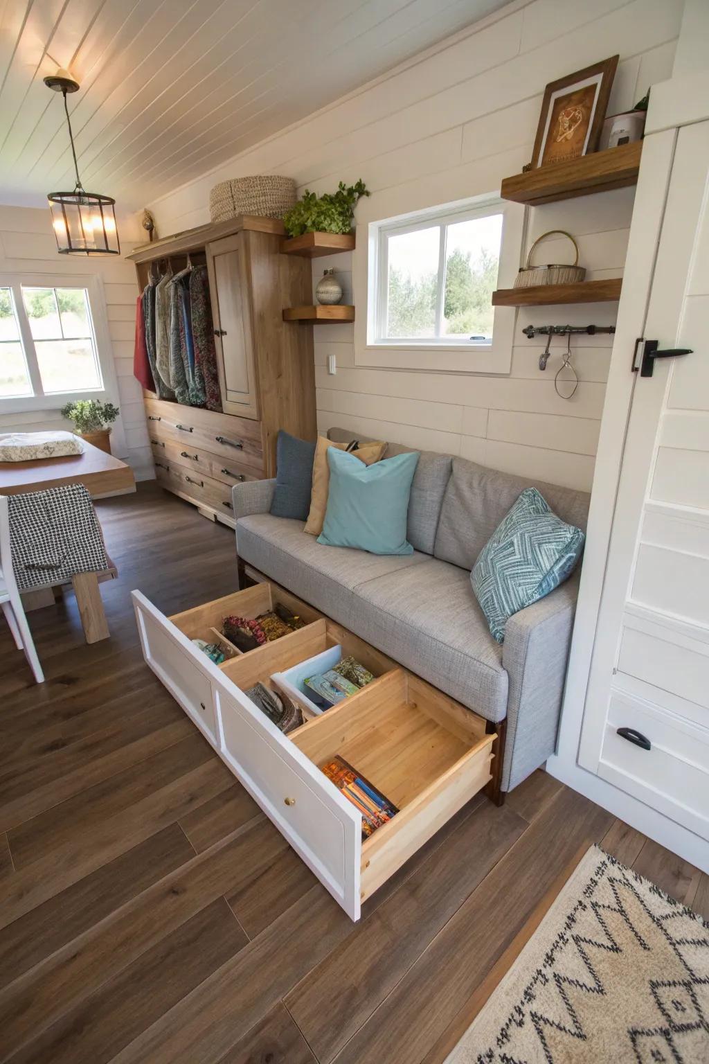 Concealed storage under floorboards for a clutter-free tiny house